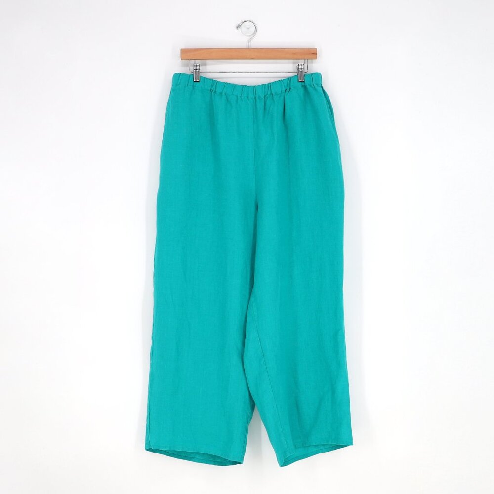 FLAX 100% Linen Teal Wide Leg Pull-On Elastic Waist Pant Size L